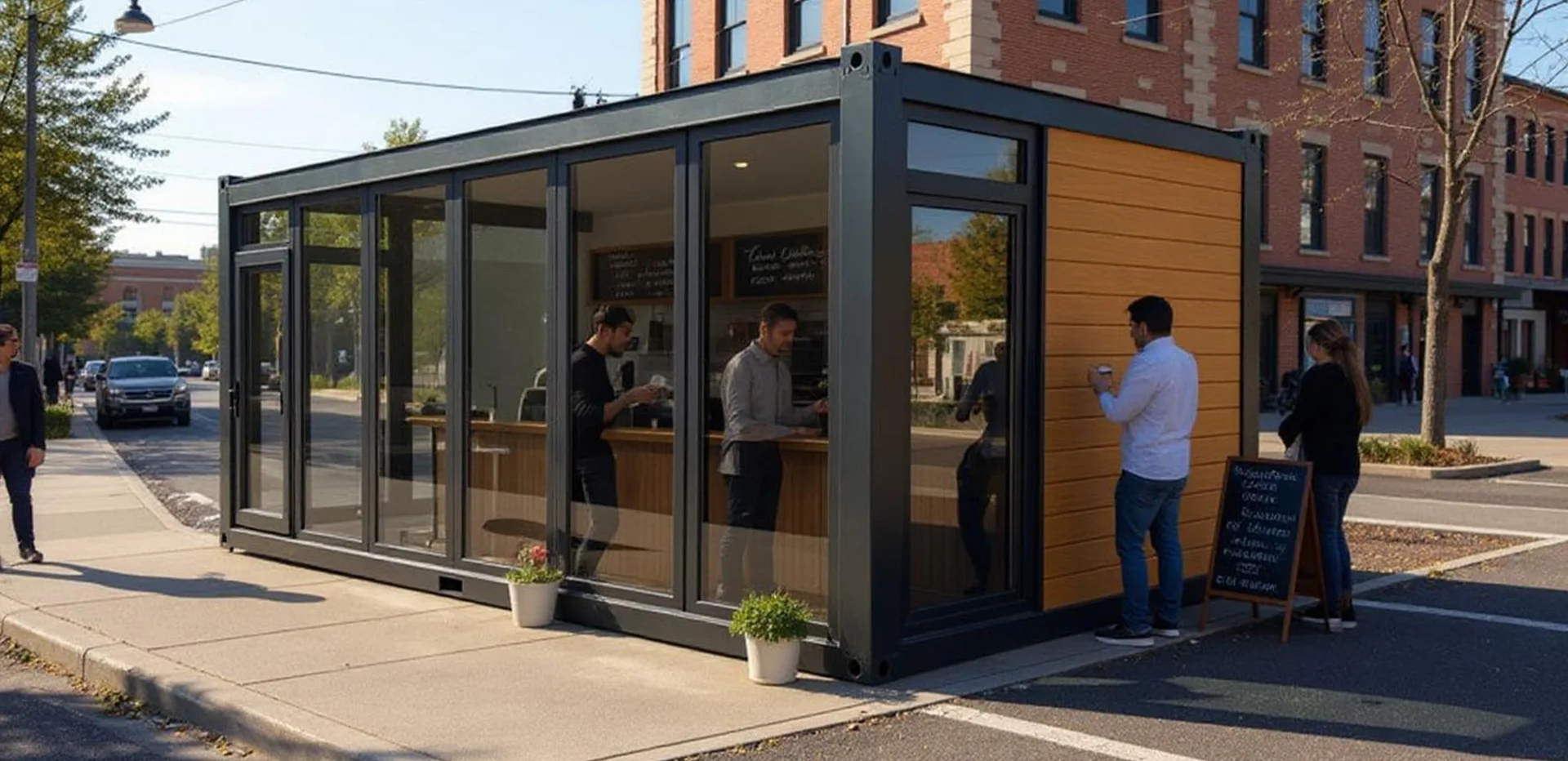 K600 L kiosk — front elevation with branded fascia and counter window.