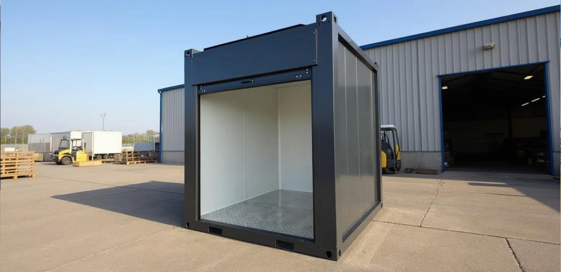 MODDOLIVING T300DP M storage cabin — exterior view of a compact site storage unit with locking door.