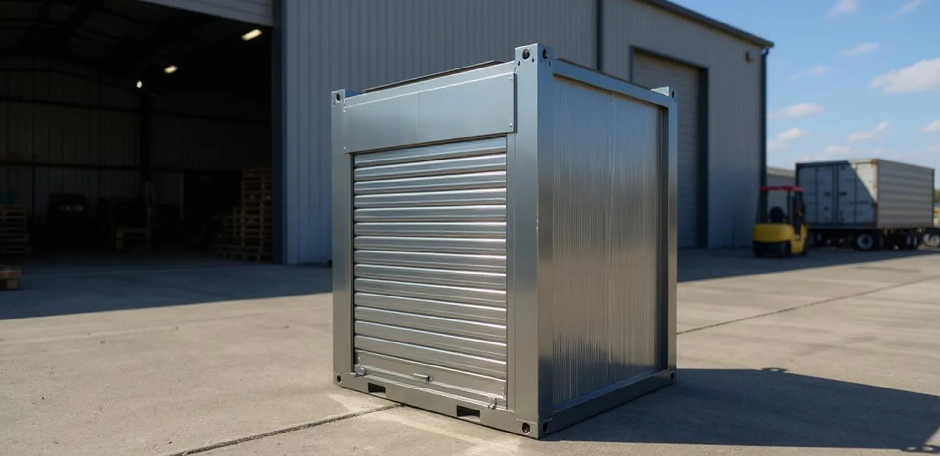 T300DP M storage cabin — three-quarter view in active yard context.