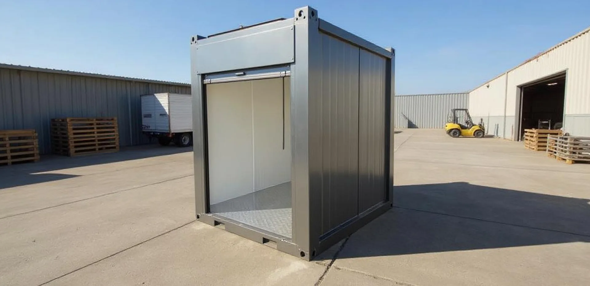 T400DP L storage cabin — frontal elevation in yard setting.