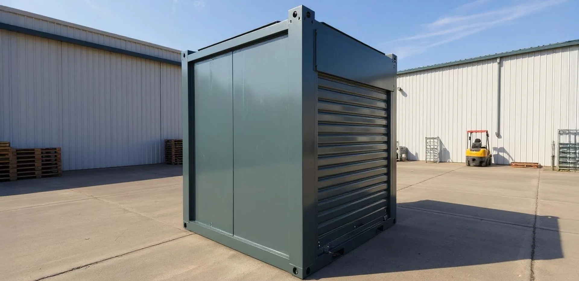 T600DP XL storage cabin — alternate exterior angle showing the steel panel finish and locking door.