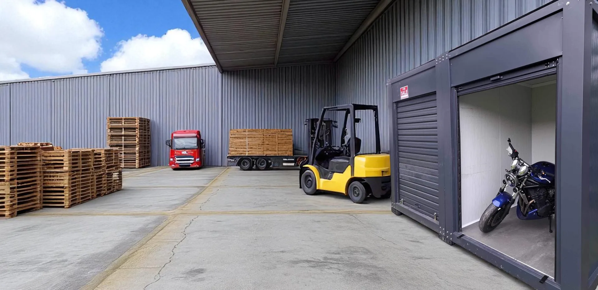 T600DP XL storage cabin — wider context on a construction site.