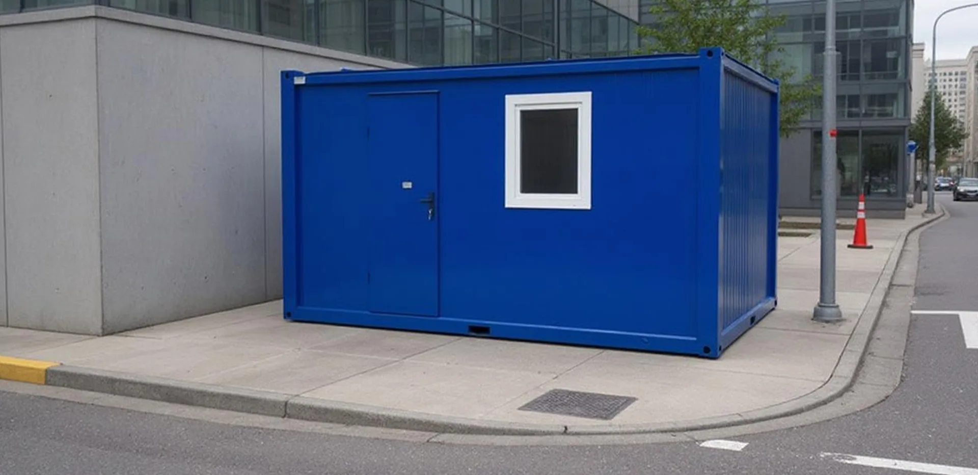 Static welfare cabin — alternate exterior angle in a construction site context.